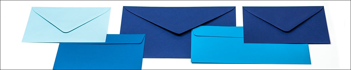 Blue envelopes and blue envelopes in various formats such as C6, DIN Long, and C5