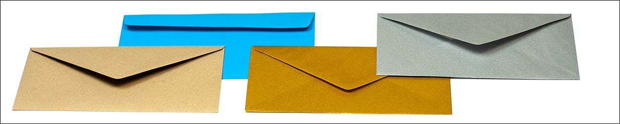 Colored envelopes, DIN long, 220x110mm, in various colors and with various closure types, without windows