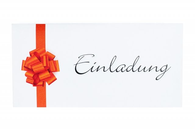 DIN Long Envelopes, White with Print, Red Ribbon Invitation
