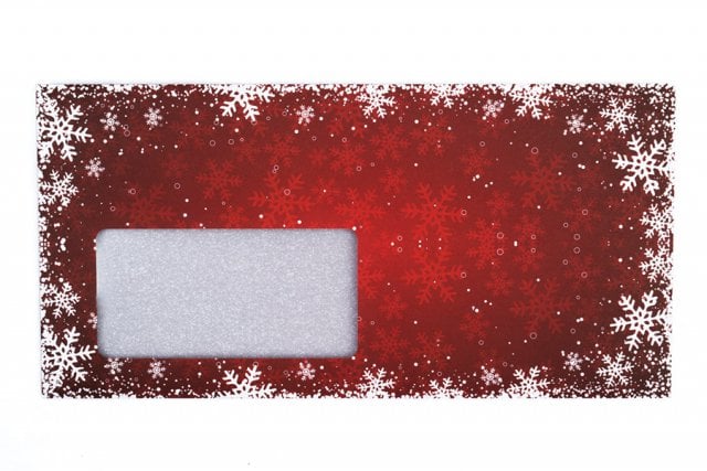DL Envelopes with Window, Red Print, Christmas Snow